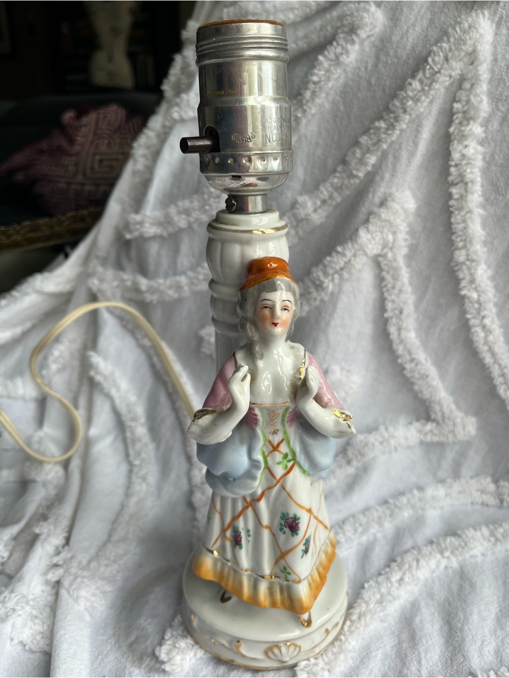 Vintage Porcelain Figurine Table Lamp - White, Pink, Orange Accent, Gold Trim
